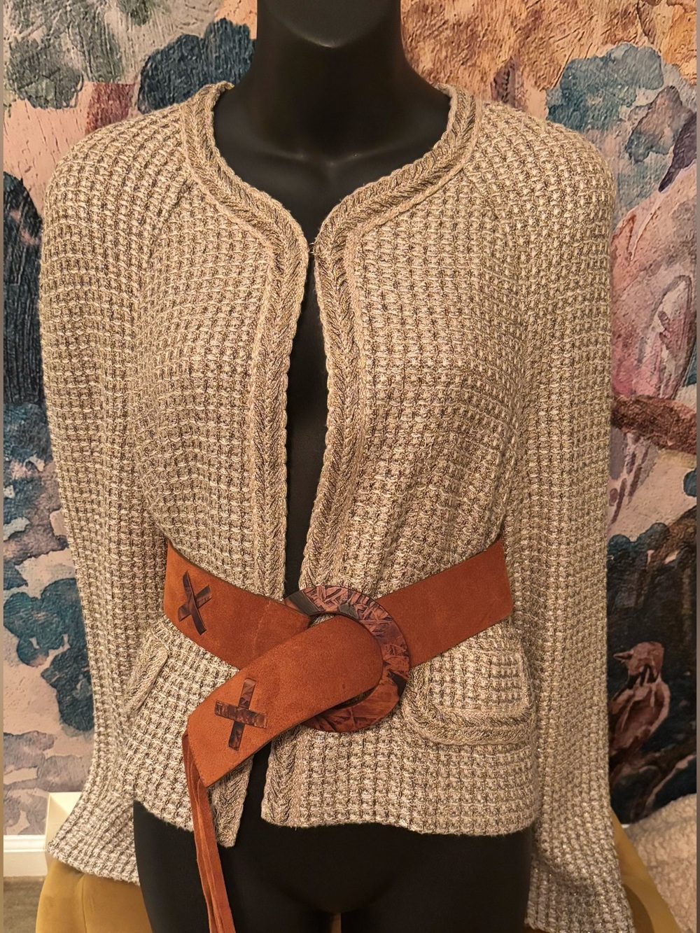 Aldo Suede Wrap Belt in Cognac Brown with Wood Round Buckle
